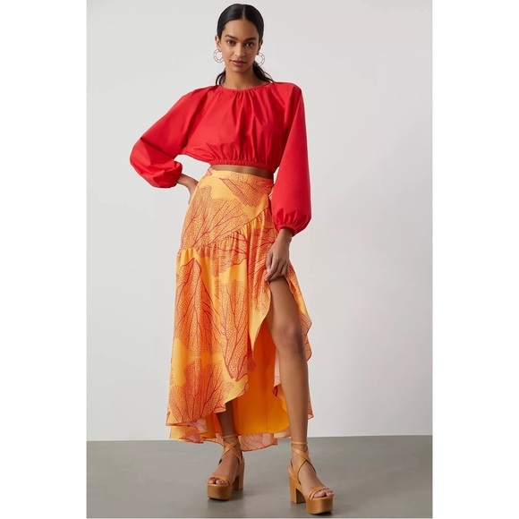 ANTHROPOLOGIE Hutch Leaf Printed Ruffle High Low Wrap Maxi Skirt Orange L NWT - Picture 6 of 9